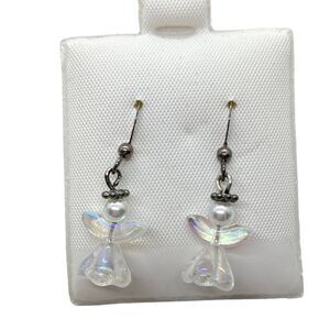 Angel Earrings 925 Silver Aurora Borealis Beads Dangle Retro On Card Vintage
